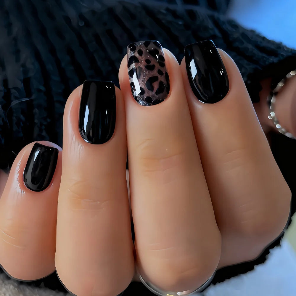 Faux Ongles French Noire Léopard 24 Pièce - Style Audacieux