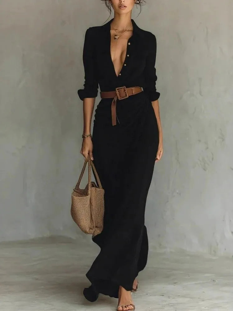 Robe Élégante Manches Longues Ceinturée – Chic & Raffinée