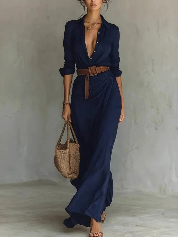 Robe Élégante Manches Longues Ceinturée – Chic & Raffinée