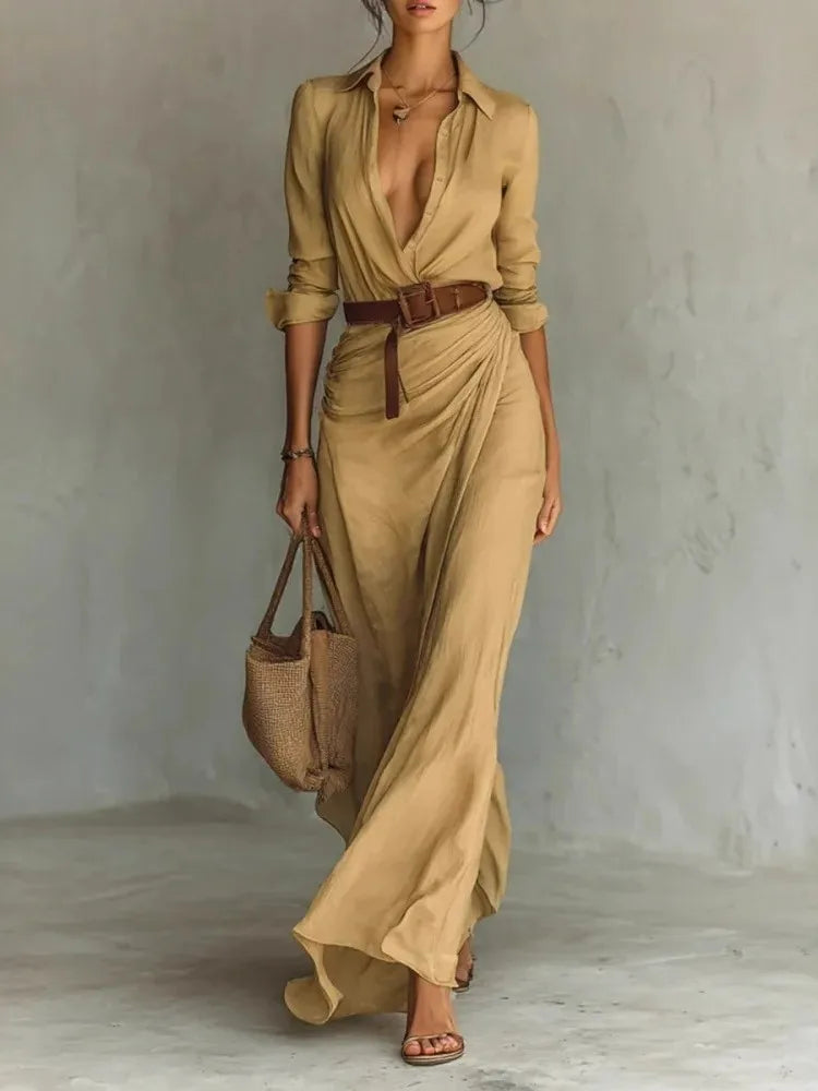 Robe Élégante Manches Longues Ceinturée – Chic & Raffinée