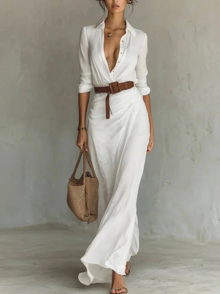 Robe Élégante Manches Longues Ceinturée – Chic & Raffinée