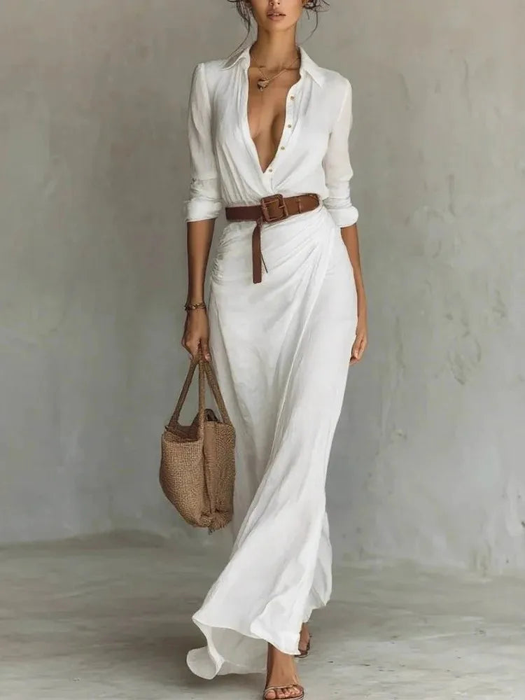Robe Élégante Manches Longues Ceinturée – Chic & Raffinée